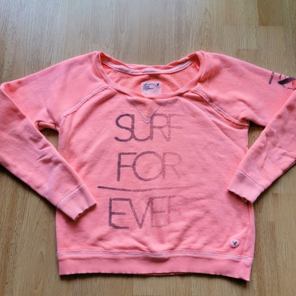 American Eagle Womens Neon‎ Coral Pink Surf For Ever Graphic Sweatshirt S Y2K